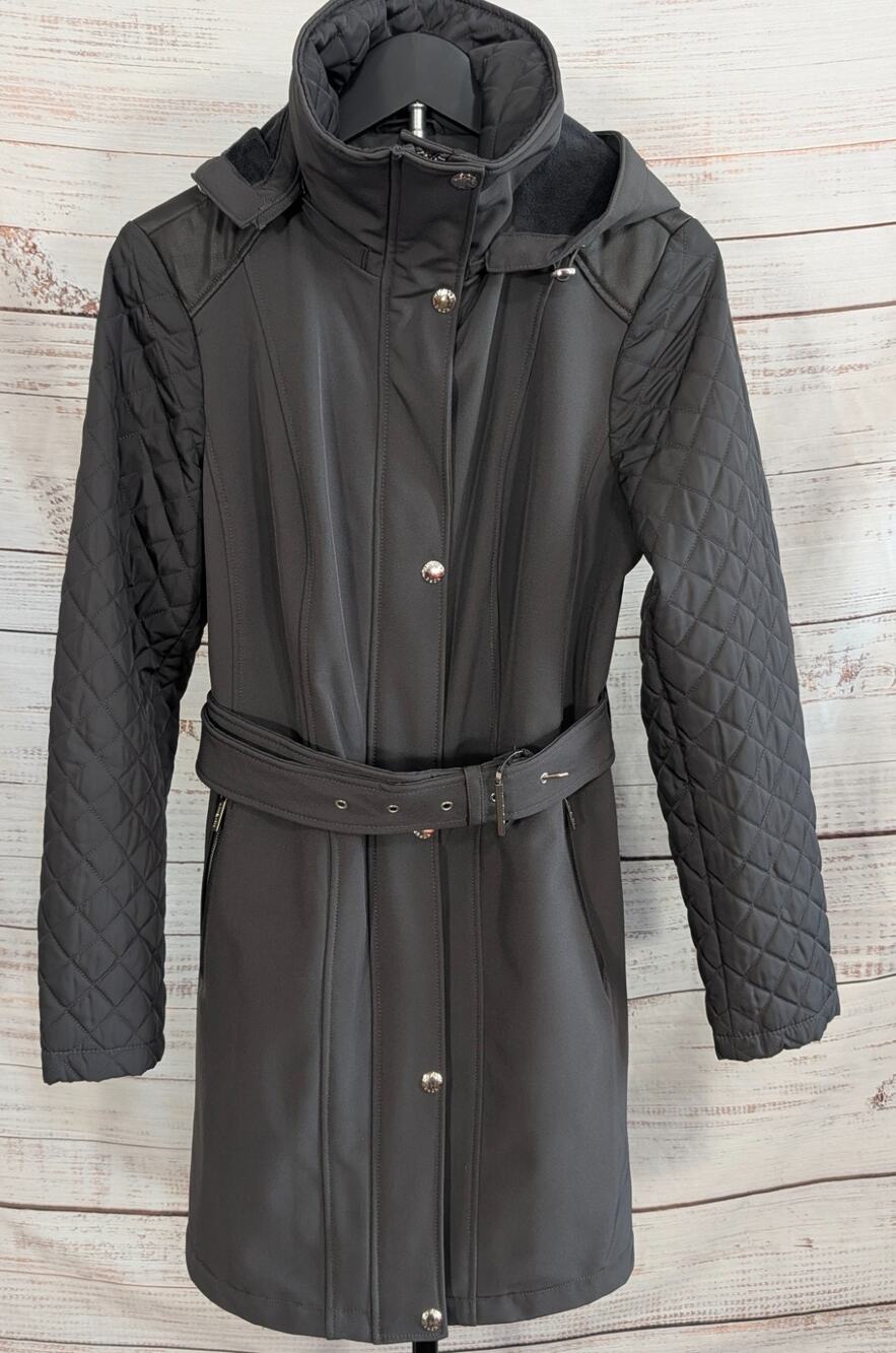 Michael Kors Trench Coat Womens M Black Quilted Sleeve Hooded Belted Parka